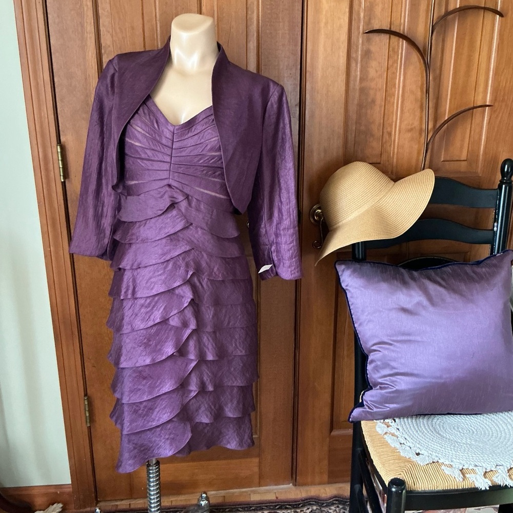Adrianna Papell Purple tiered hammered Satin Layered Midi Dress